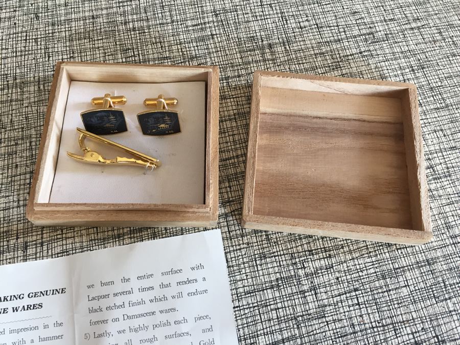 Damascene Wares Gold Cufflink And Tie Clip Set In Original Box Asian Motif [Photo 5]