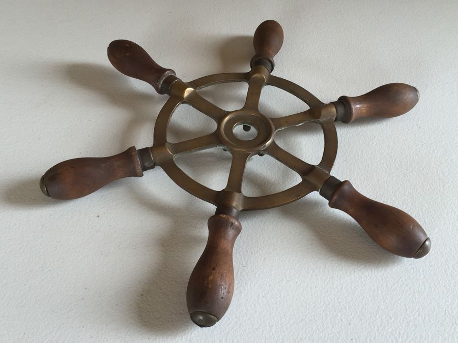 Vintage Brass And Wood Ship's Wheel Trivet [Photo 1]