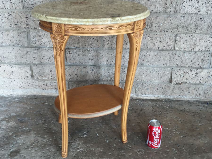 Marble Top Two Tier Wooden Side Table [Photo 1]