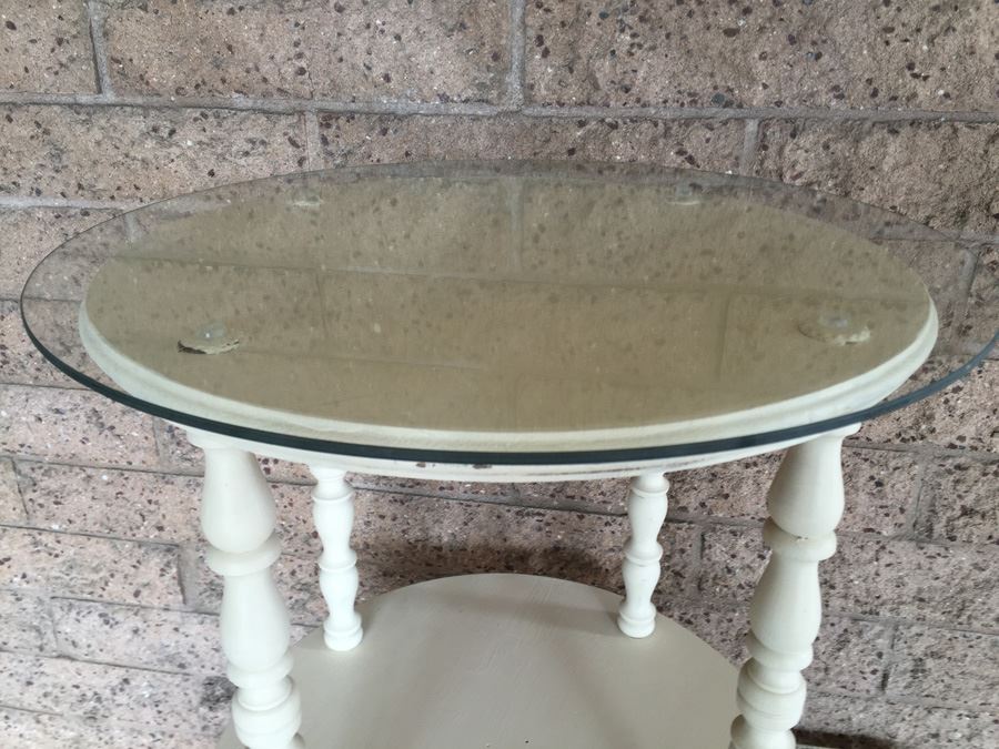 Two Tier White Side Table With Glass Top And Turned Legs [Photo 3]