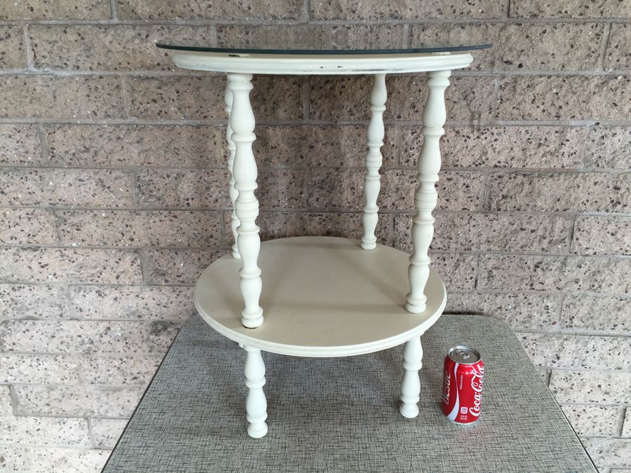 Two Tier White Side Table With Glass Top And Turned Legs