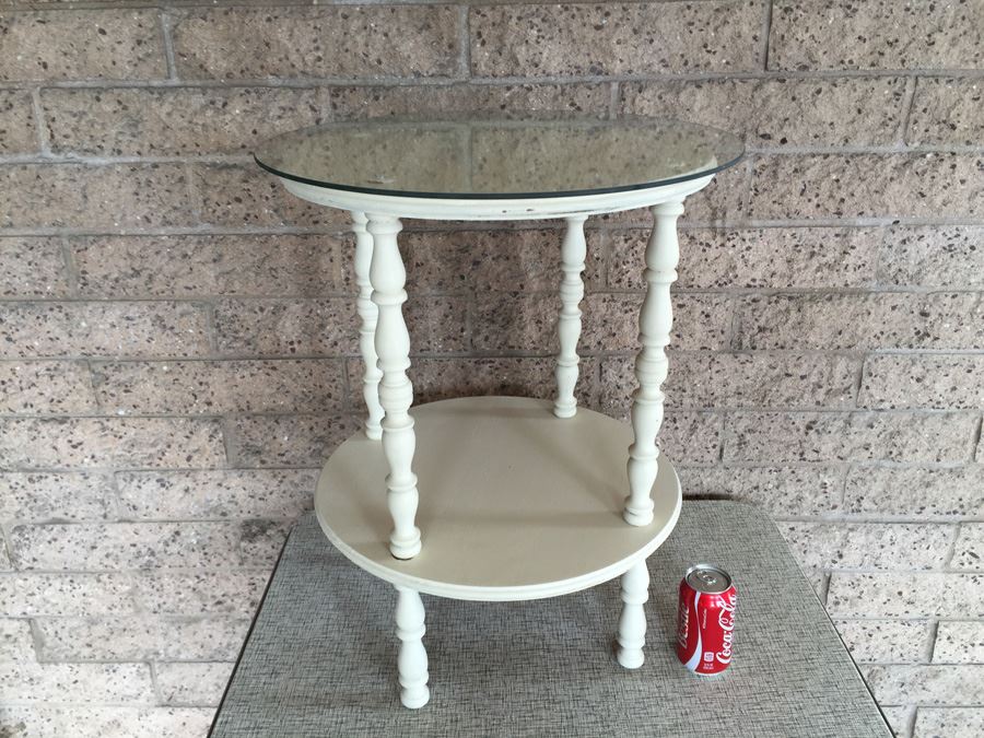 Two Tier White Side Table With Glass Top And Turned Legs [Photo 4]