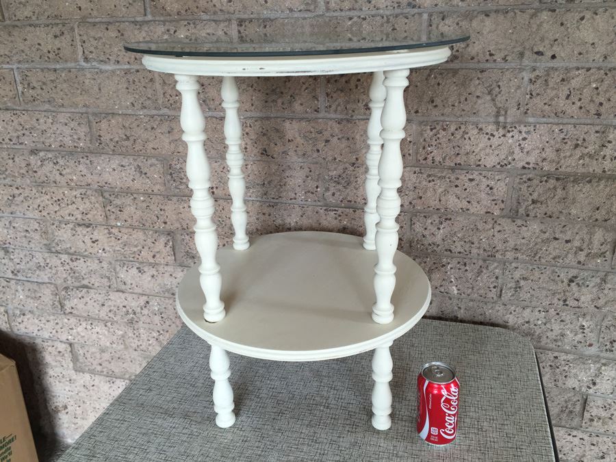 Two Tier White Side Table With Glass Top And Turned Legs [Photo 2]