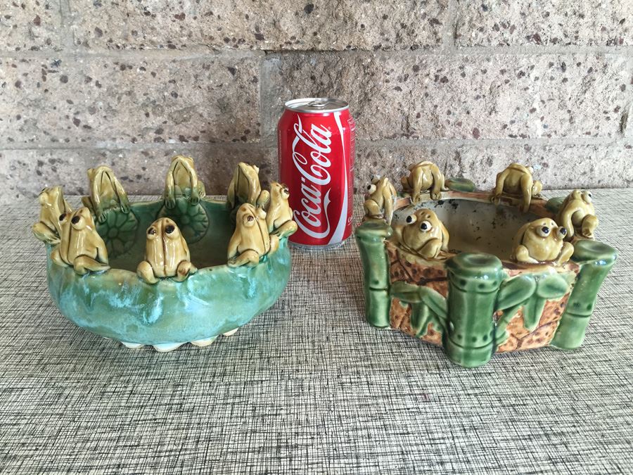 Pair Of Handmade Pots With Frog Motif