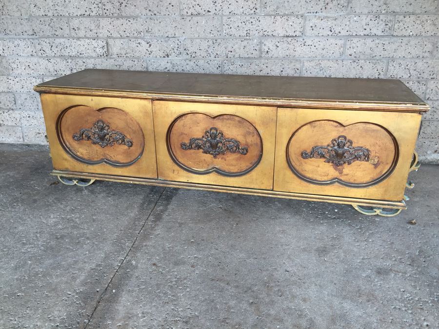 Long Gilt Cabinet With 3 Doors And Detailed Ornamentation