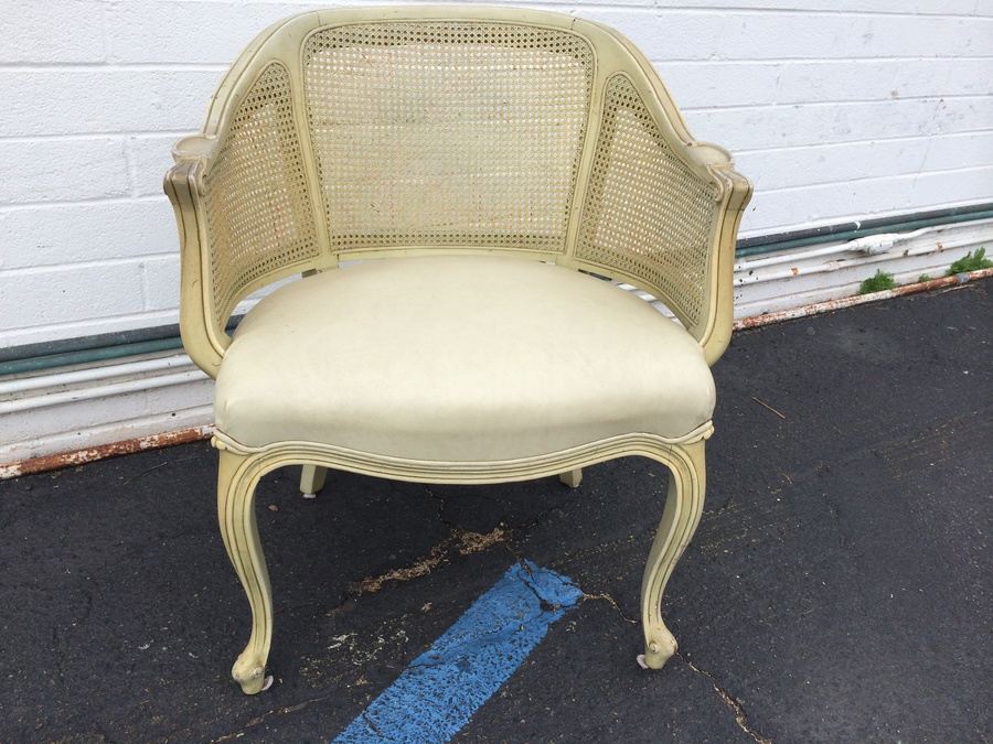 French Provincial White Side Chair with Leather Seat and 3-Panel Cane Back
