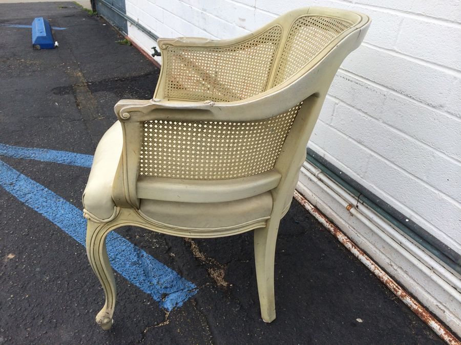French Provincial White Side Chair with Leather Seat and 3-Panel Cane Back [Photo 3]