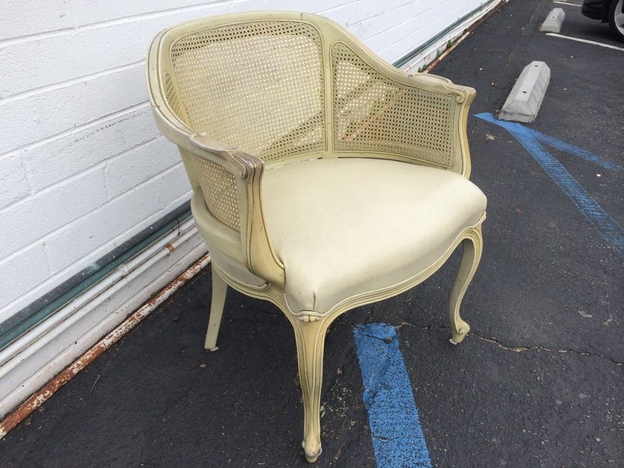 French Provincial White Side Chair with Leather Seat and 3-Panel Cane Back [Photo 2]