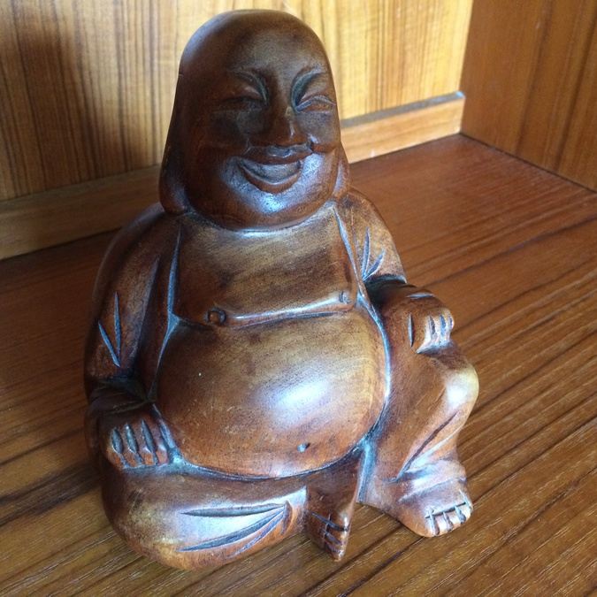 Hand-Carved Wooden Laughing Buddha Statue
