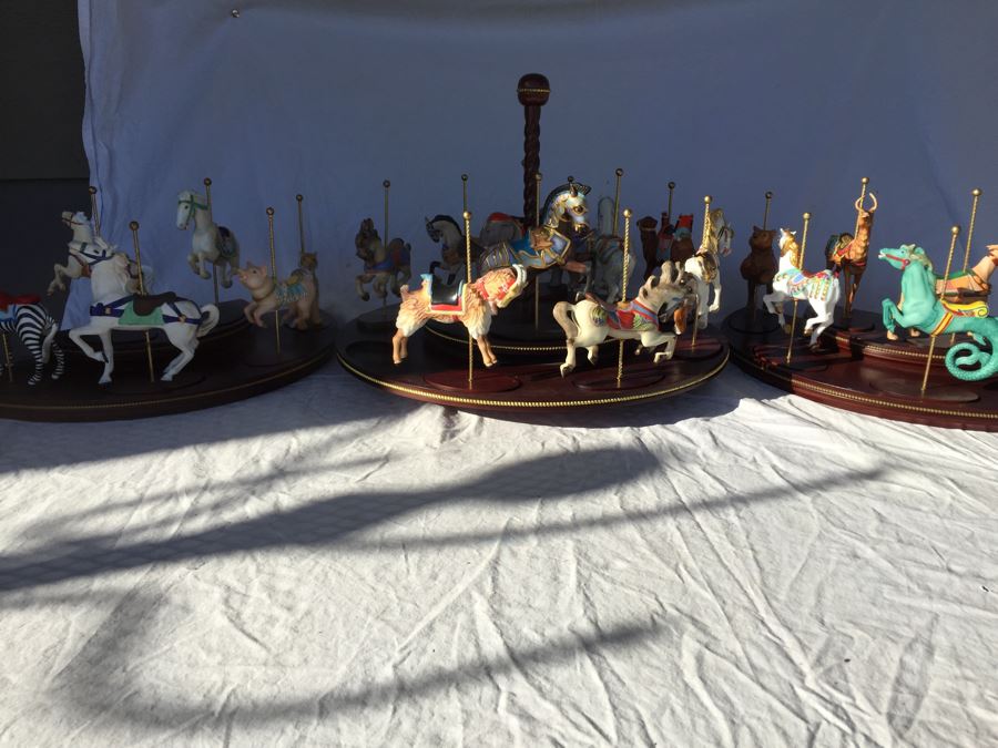 Huge Lot Of Carousel Horses With Wooden Display Stands