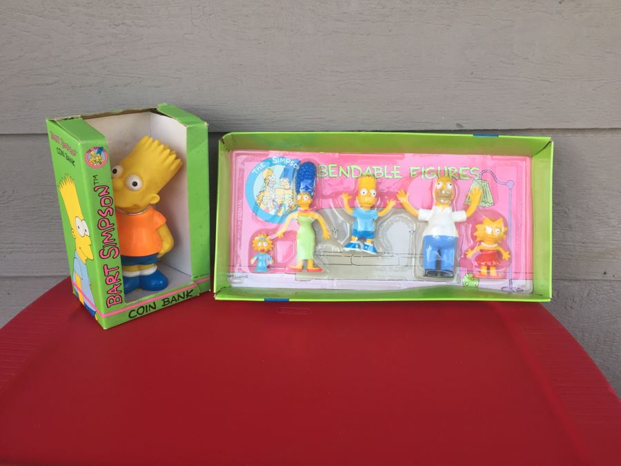 The Simpsons Bendable Figures And Bart Simpson Coin Bank New In Box 1990 [Photo 1]