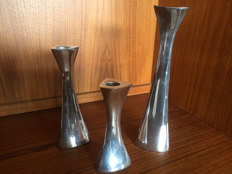 (3) Nambe Tri-Corner Candleholders [Photo 1]