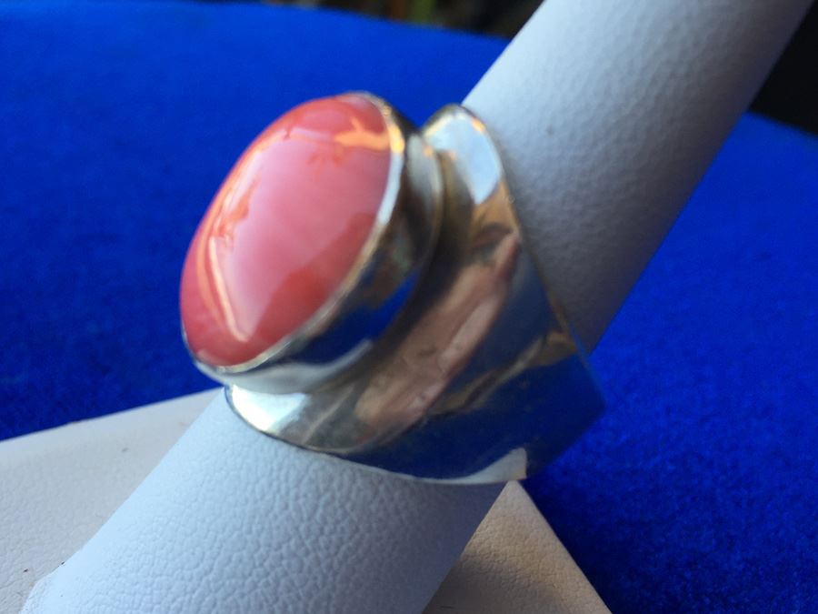 Mexican Sterling Silver Modernist Rhodocrosite Ring Wt:12.2g [Photo 7]