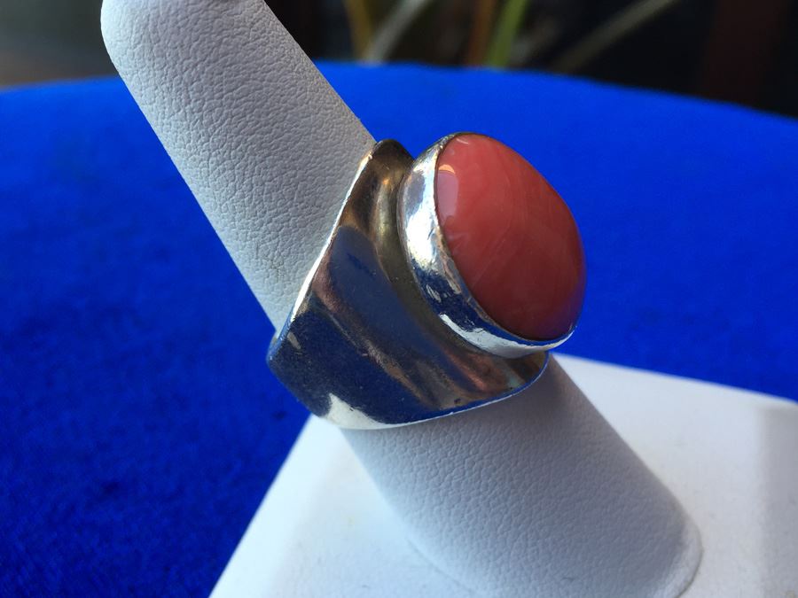 Mexican Sterling Silver Modernist Rhodocrosite Ring Wt:12.2g [Photo 5]