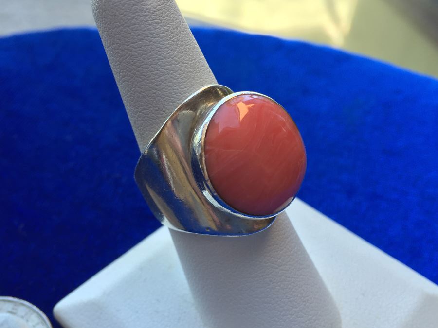 Mexican Sterling Silver Modernist Rhodocrosite Ring Wt:12.2g [Photo 2]