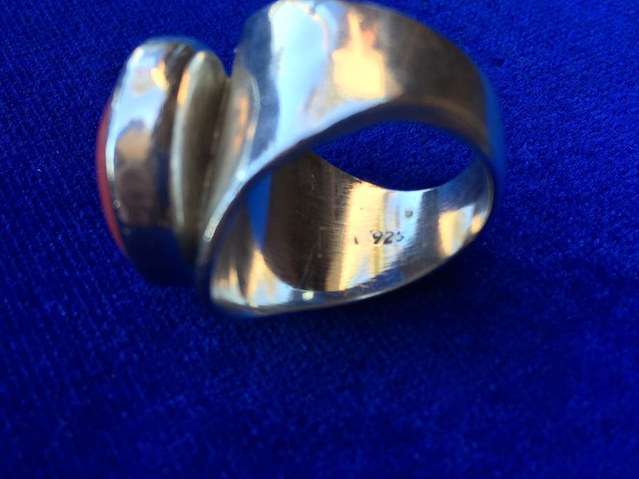 Mexican Sterling Silver Modernist Rhodocrosite Ring Wt:12.2g [Photo 9]