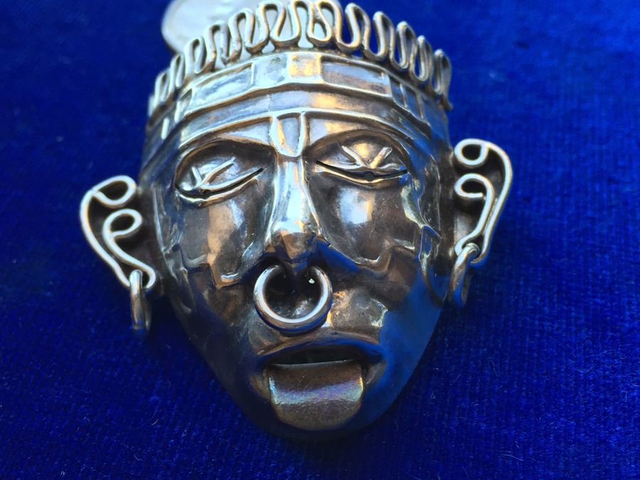 Mexican Sterling Silver Aztec Mask Pen Wt:14.4g [Photo 5]