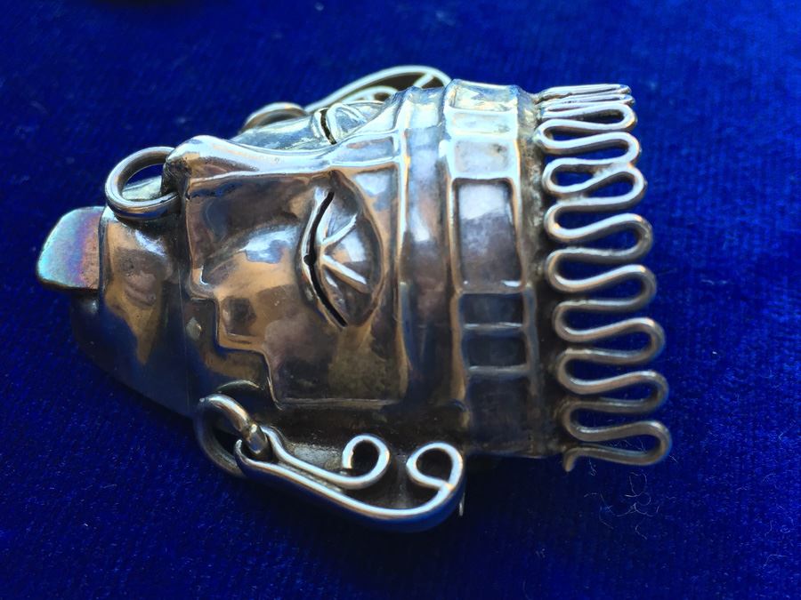 Mexican Sterling Silver Aztec Mask Pen Wt:14.4g [Photo 2]