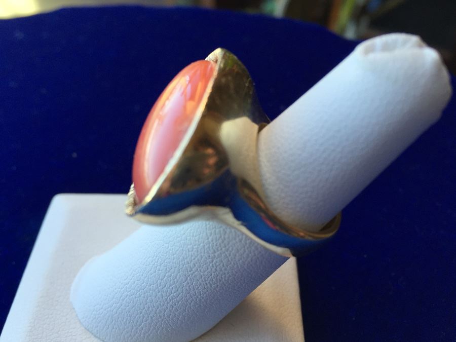 14k Gold Large Natural Salmon Coral Ring Wt:25.6g [Photo 5]