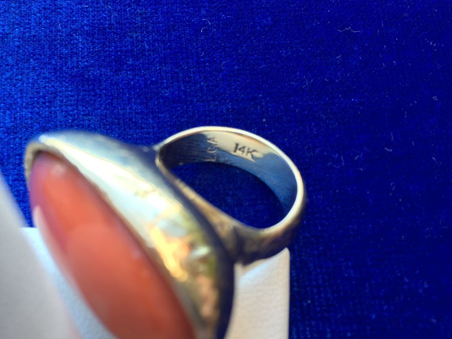 14k Gold Large Natural Salmon Coral Ring Wt:25.6g [Photo 9]