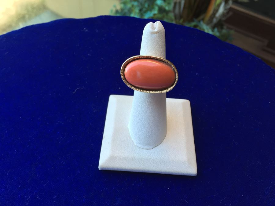 14k Gold Large Natural Salmon Coral Ring Wt:25.6g [Photo 4]