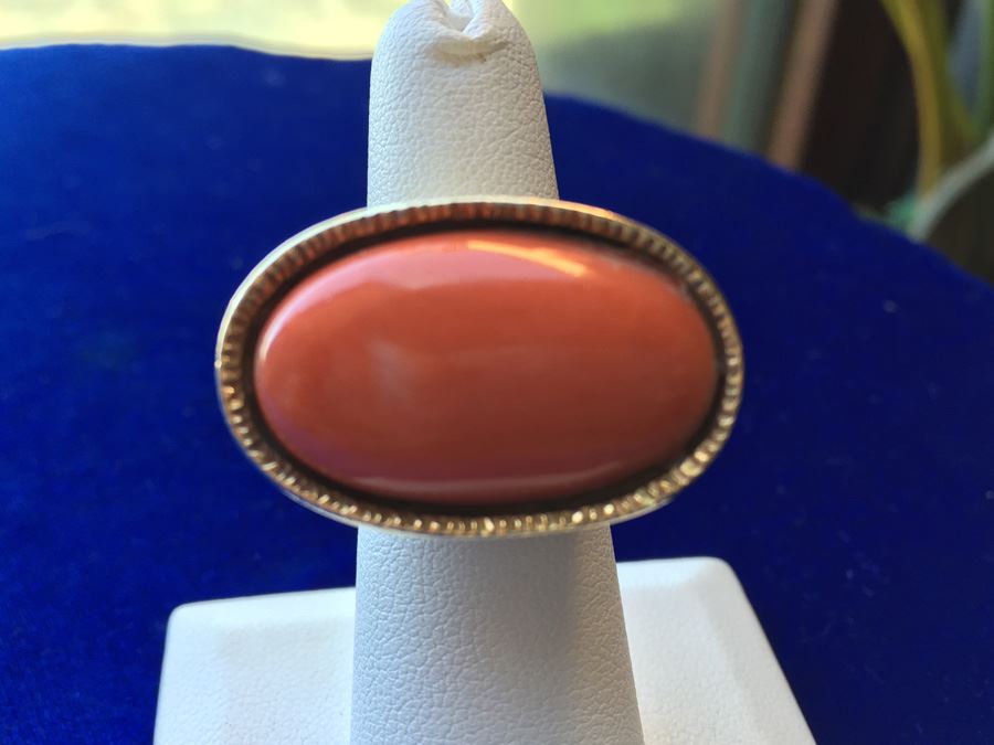 14k Gold Large Natural Salmon Coral Ring Wt:25.6g [Photo 7]