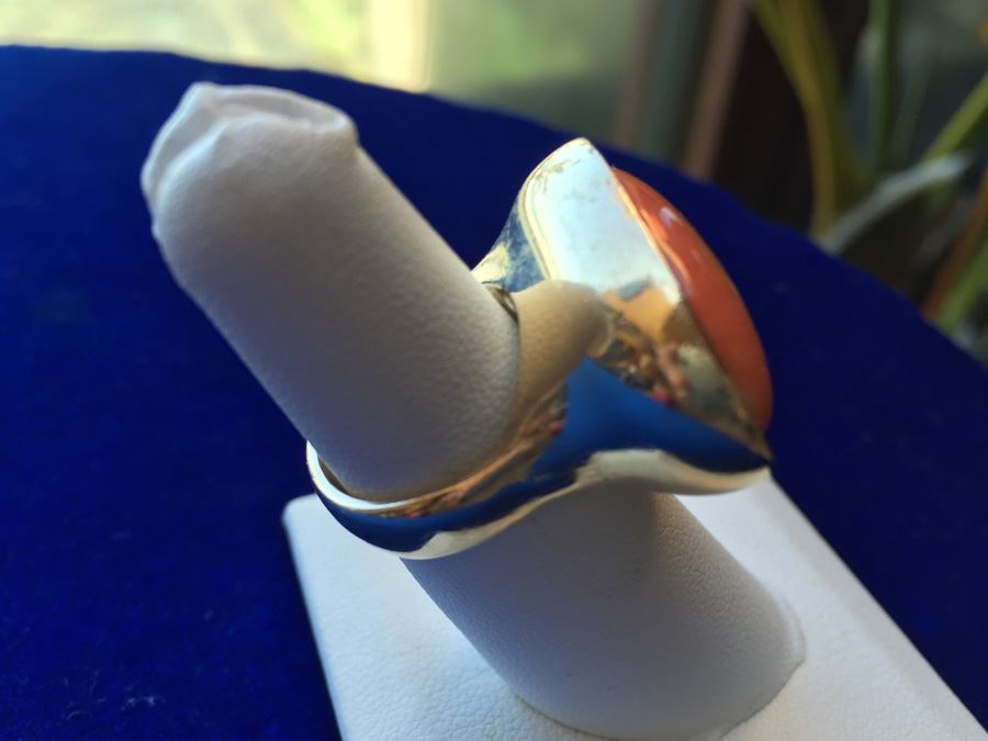 14k Gold Large Natural Salmon Coral Ring Wt:25.6g [Photo 6]