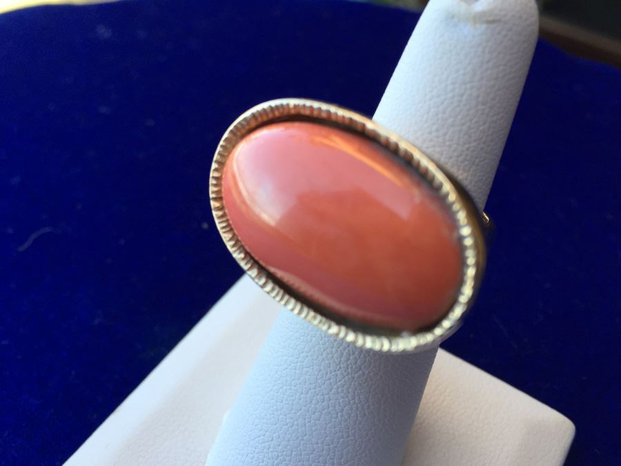 14k Gold Large Natural Salmon Coral Ring Wt:25.6g [Photo 1]