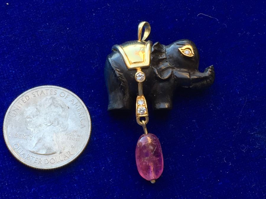 18k Gold Diamond & Pink Tourmaline Elephant Pin/Pendant Combo Wt:8.7g