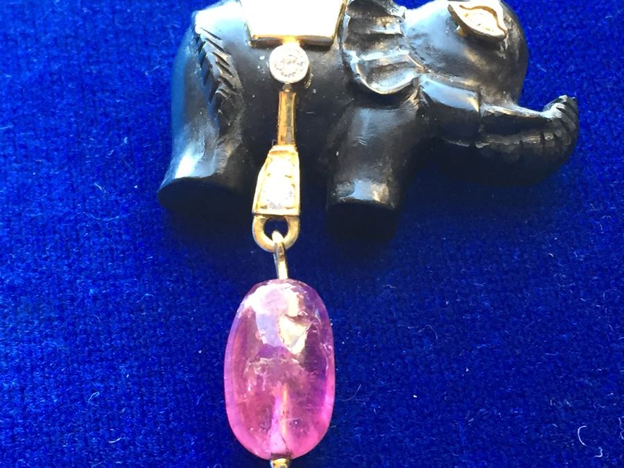 18k Gold Diamond & Pink Tourmaline Elephant Pin/Pendant Combo Wt:8.7g [Photo 9]