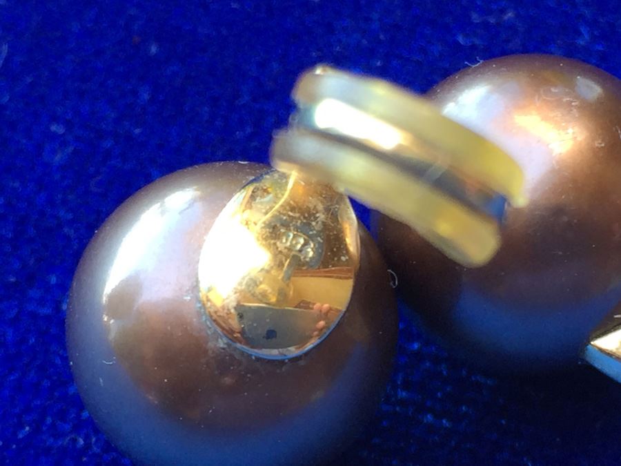 18k Gold Clips Tahitian Iridesse Tiffany & Co Pearls 8mm Wt:11.2g [Photo 4]