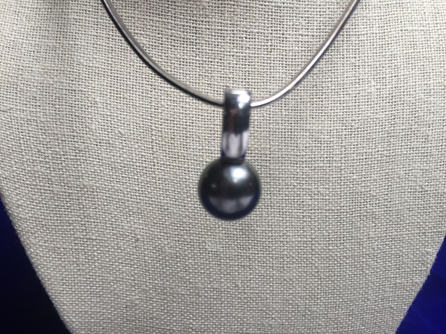 Sterling Silver Choker W/ Beautiful Tahitian Pearl Enhancer Wt:20.4g [Photo 6]