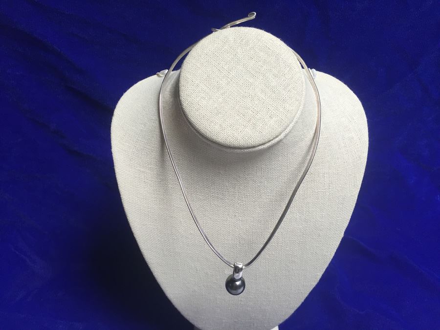 Sterling Silver Choker W/ Beautiful Tahitian Pearl Enhancer Wt:20.4g [Photo 4]