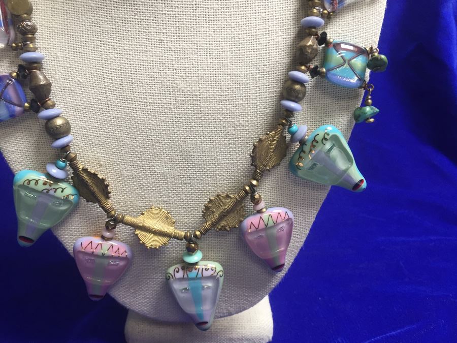 Handmade Art Glass Necklace With Brass Modernist Style Wt:130g [Photo 5]