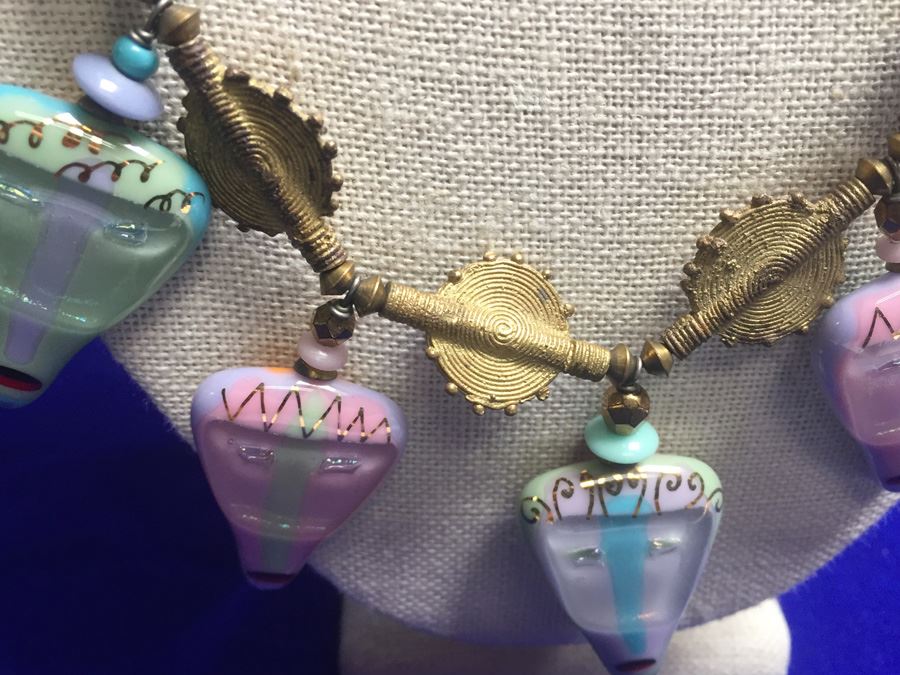 Handmade Art Glass Necklace With Brass Modernist Style Wt:130g [Photo 6]