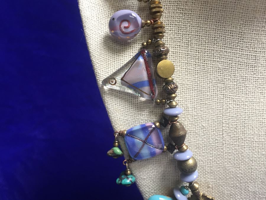 Handmade Art Glass Necklace With Brass Modernist Style Wt:130g [Photo 7]