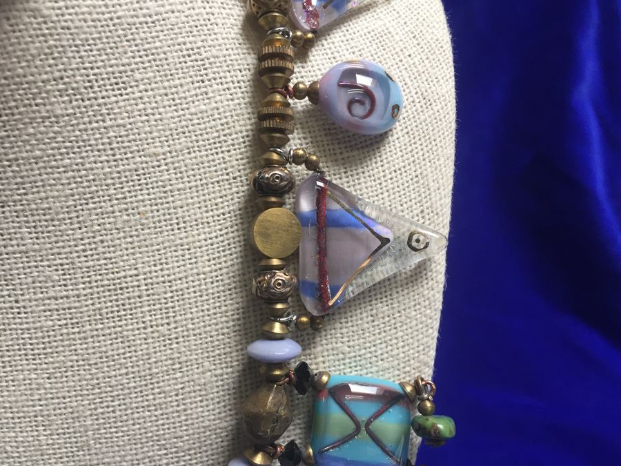 Handmade Art Glass Necklace With Brass Modernist Style Wt:130g [Photo 4]