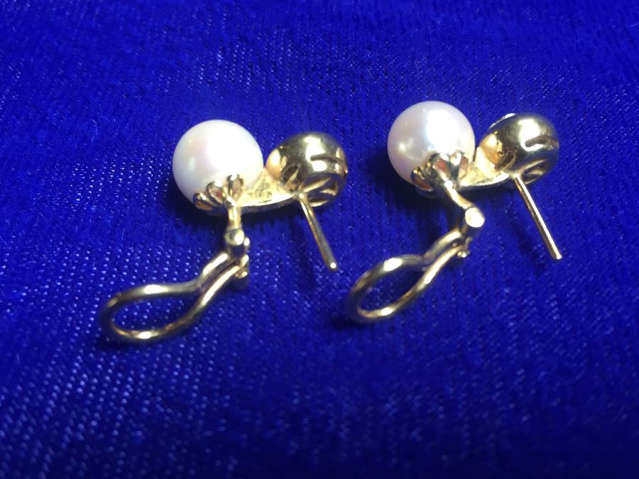 18k Gold Pearl And Diamond Earrings Wt:8g [Photo 7]