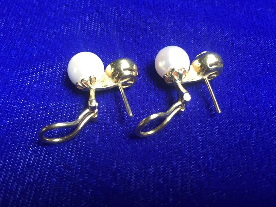 18k Gold Pearl And Diamond Earrings Wt:8g