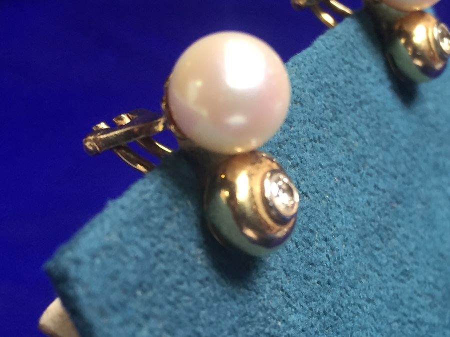 18k Gold Pearl And Diamond Earrings Wt:8g [Photo 3]