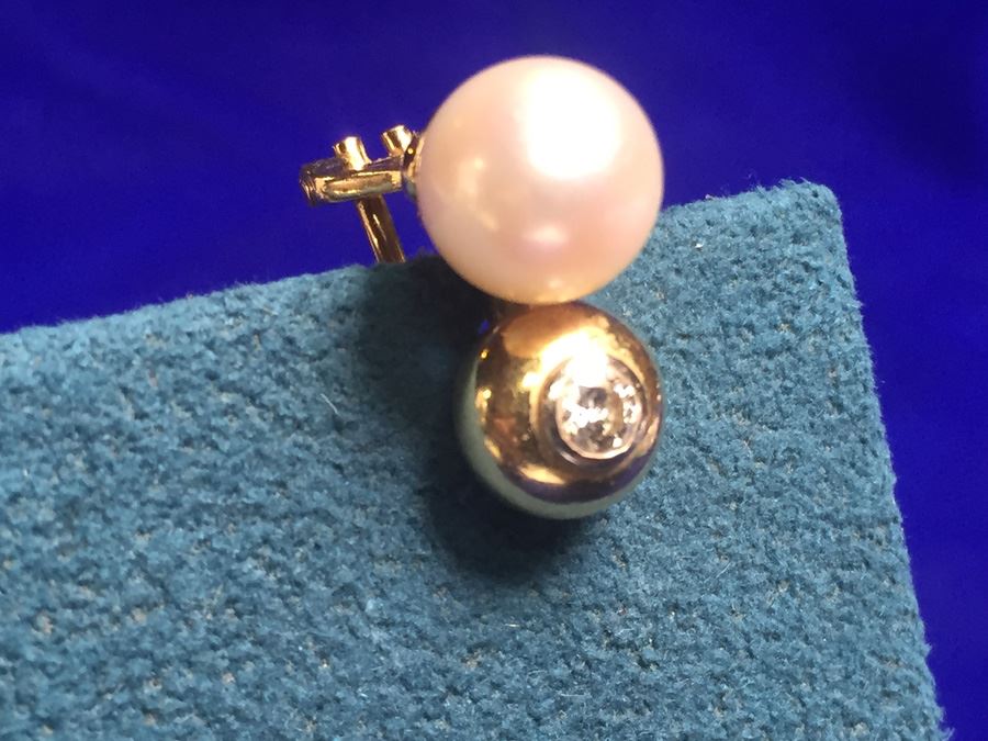 18k Gold Pearl And Diamond Earrings Wt:8g [Photo 5]