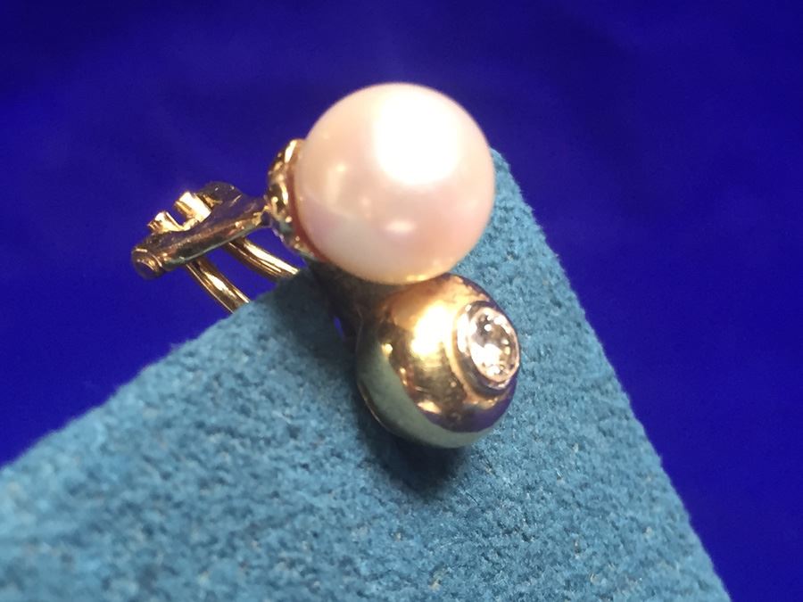 18k Gold Pearl And Diamond Earrings Wt:8g [Photo 4]
