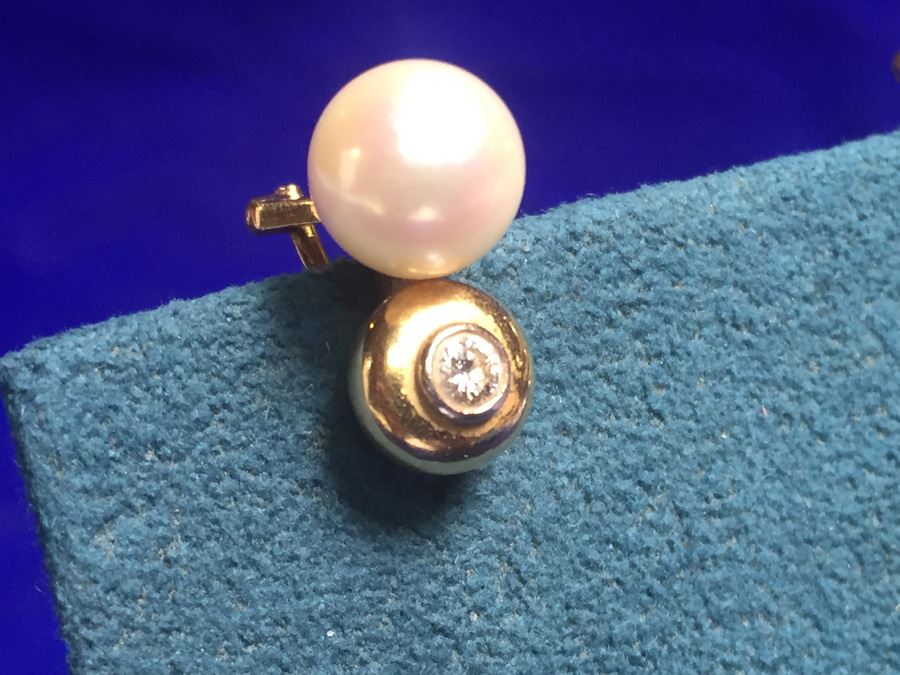 18k Gold Pearl And Diamond Earrings Wt:8g [Photo 2]