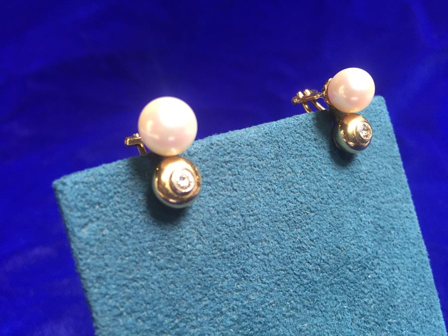 18k Gold Pearl And Diamond Earrings Wt:8g [Photo 1]