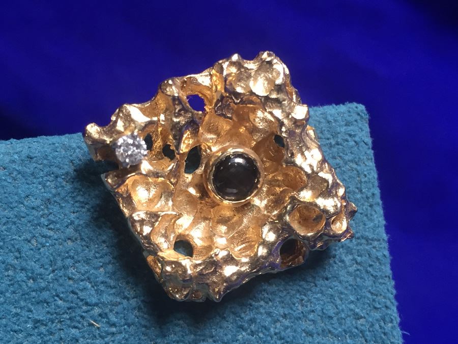 14k Gold Cufflink W/ Diamond & Natural Black Star Sapphire Wt:11.9g [Photo 2]