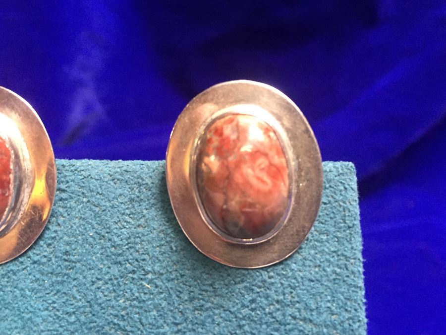 Sterling Silver Earrings With Agate Stone Wt:13.2g [Photo 4]