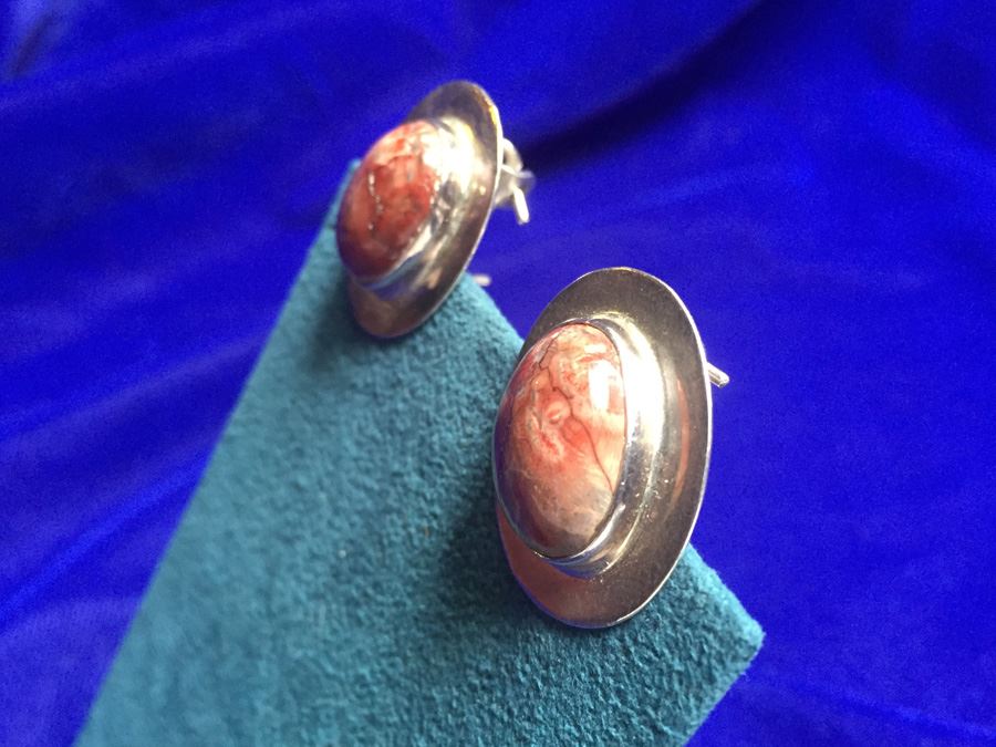 Sterling Silver Earrings With Agate Stone Wt:13.2g [Photo 6]