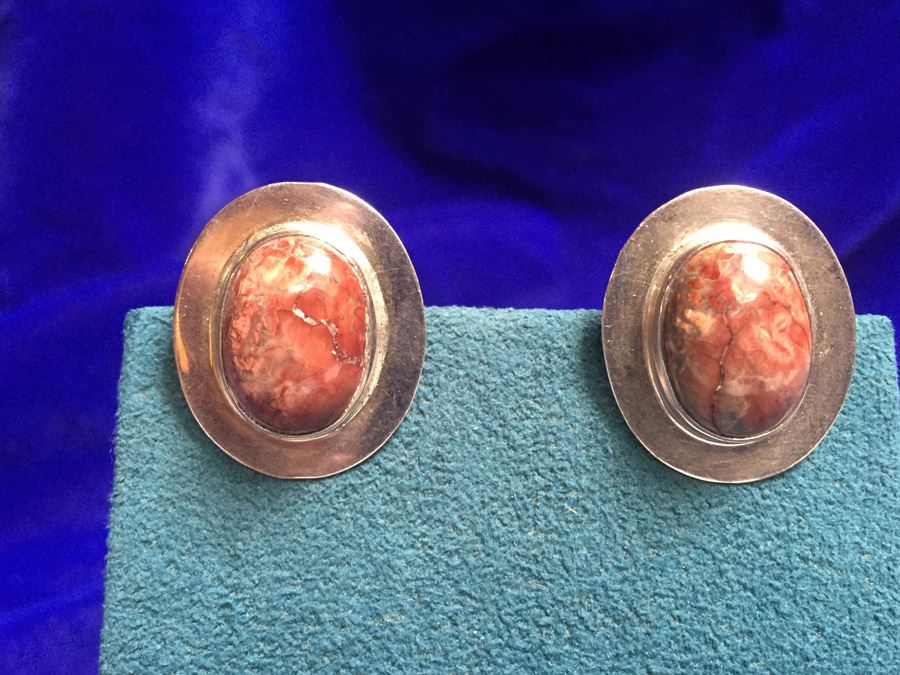 Sterling Silver Earrings With Agate Stone Wt:13.2g [Photo 1]