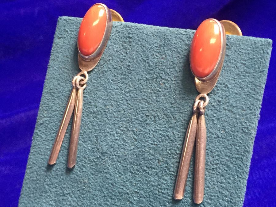 Sterling Silver Coral Drop Earrings Signed 'AX' Wt:9.3g [Photo 9]