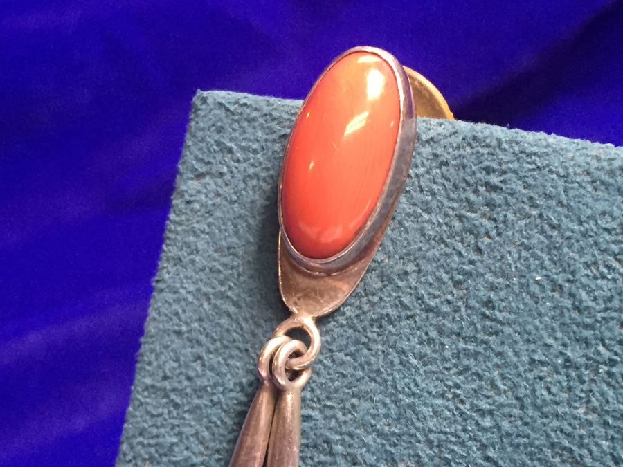 Sterling Silver Coral Drop Earrings Signed 'AX' Wt:9.3g [Photo 8]